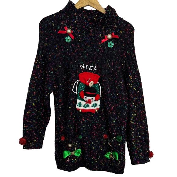 Casual Corner VTG Ugly Christmas Sweater Confetti Jingle Bells Black Size M - Picture 1 of 4